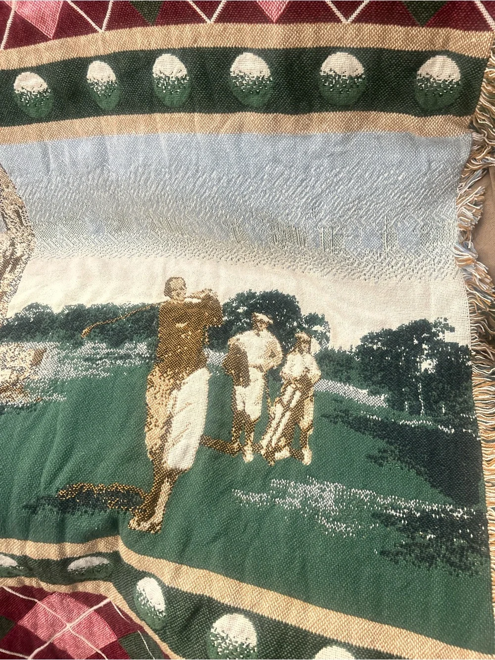 Golf Theme Woven Throw Blanket Fringe Europe Golfer Tapestry Style Vintage